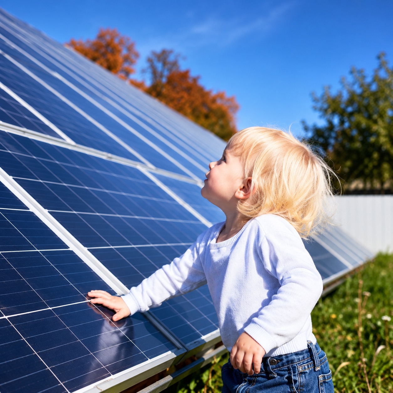 Kind bij zonnepanelen — conceptbeeld